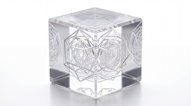Clear Acrylic Glass Cube with Laser Engraved Sacred Geometry Nested Wireframe Isolated on White Background