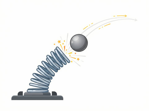 A metallic spring launching a grey sphere into the air.