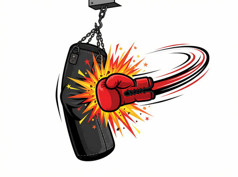 A powerful red boxing glove striking a heavy black punching bag with explosive impact.