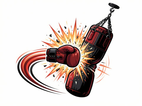 A powerful red boxing glove striking a hanging heavy punching bag with explosive impact.