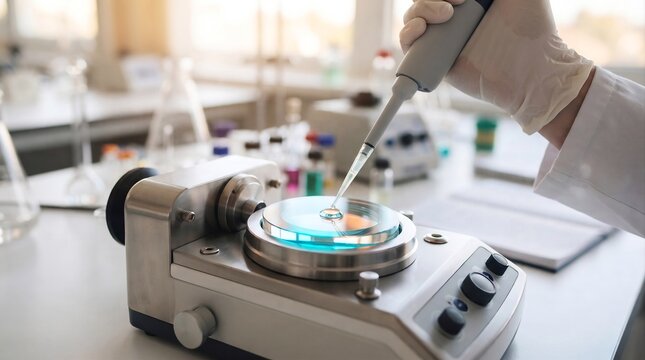 high-end laboratory photo of a digital refractometer measuring a transparent liquid sample on a precision optical surface, a gloved hand carefully placing a droplet with a micropipette
