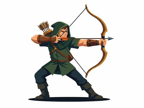 A skilled archer in a green hooded tunic aiming a bow and arrow.