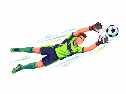 A professional soccer goalkeeper diving to make a spectacular save during a match.