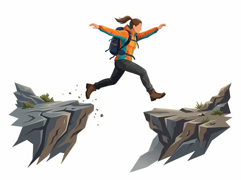 A determined hiker jumping across a wide gap between two rocky cliffs.