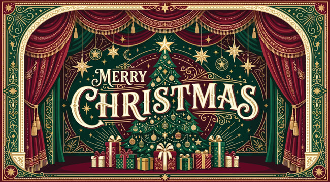 Elegant merry christmas stage design with a decorated tree, gift boxes, and ornate curtains, vintage style illustration for holiday events and seasonal posters