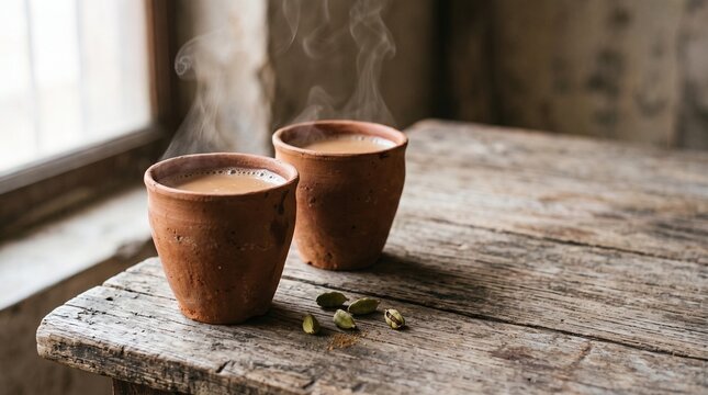 Rustic Indian chai tea in traditional clay cups, steaming hot spiced masal chai on vintage wooden table, cozy morning beverage background