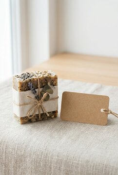 Handmade Natural Soap Bar with Dried Botanicals and Gift Tag.