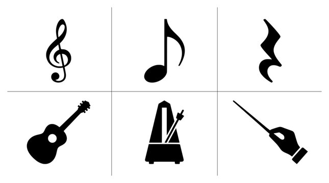 Music symbols silhouettes set with treble clef, eighth note, rest, guitar, metronome and conductor for logo and signage