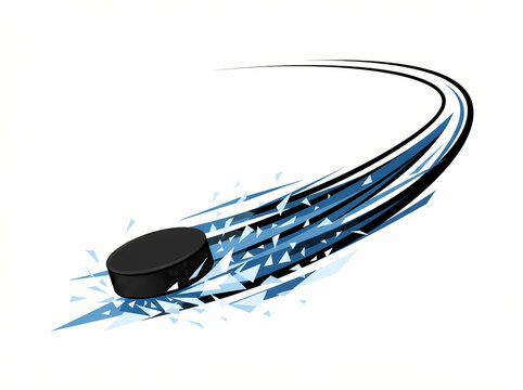 A fast moving ice hockey puck leaving a trail of shattered ice.