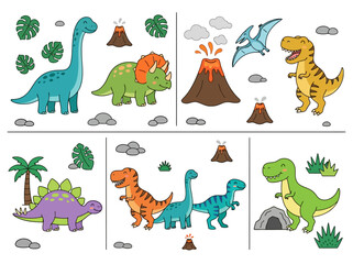 Cute Dinosaur Cartoon Character Collection Set for Kids - Featuring T-Rex, Brachiosaurus, Triceratops, Stegosaurus, and Volcanos in a Prehistoric Tropical Landscape © sasa