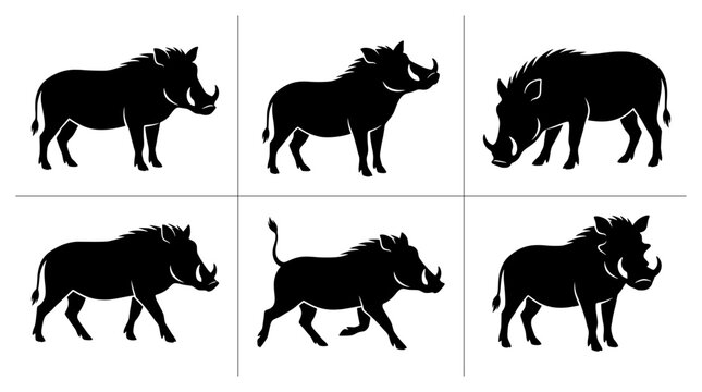 Warthog silhouettes set with figures in different poses for wildlife design and logos