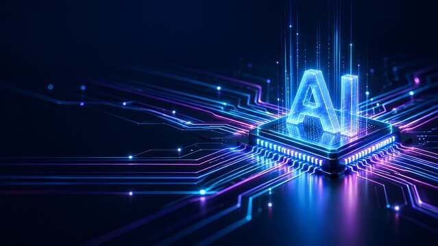 Futuristic AI Microchip Emitting Holographic Data Beams on Advanced Digital Circuit Board Surface