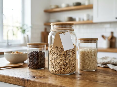 Kitchen Countertop with Jars of Grains and Spices.