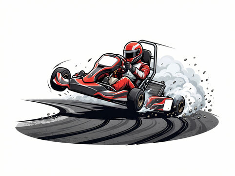 A dynamic illustration of a go-kart racer drifting around a sharp corner on a track.