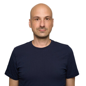 Confident Bald Man in Dark Blue T-Shirt Looking at Camera, isolated