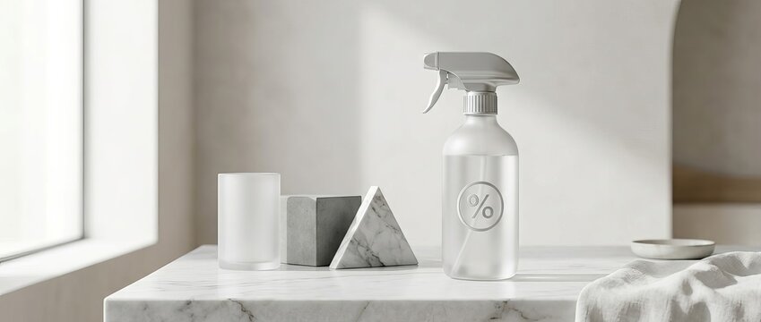 Minimalist aesthetic of a clear spray bottle on a marble surface with geometric decor.
