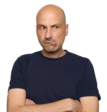 Thoughtful Bald Man looking away in doubt