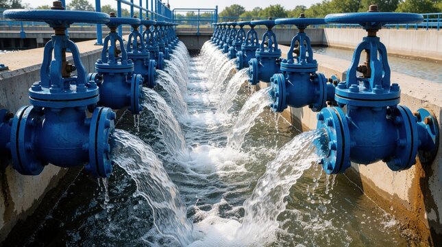 Blue industrial cast iron gate valves discharge clean freshwater into concrete aeration basin at water treatment plant. Liquid flows from metal pipes creating bubbles, foam in large utility facility.