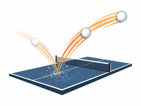 A ping pong ball bouncing on a table tennis table with motion trails.