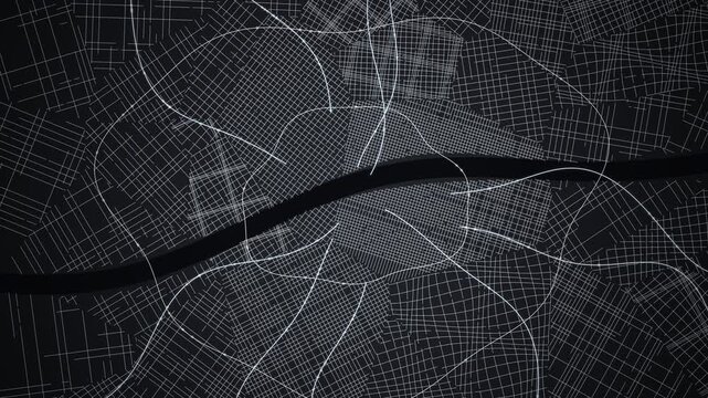 A sleek, dark motion graphic featuring an abstract, stylized city map with white street lines and a prominent river silhouette on a dark background, ideal for urban or tech-themed projects.