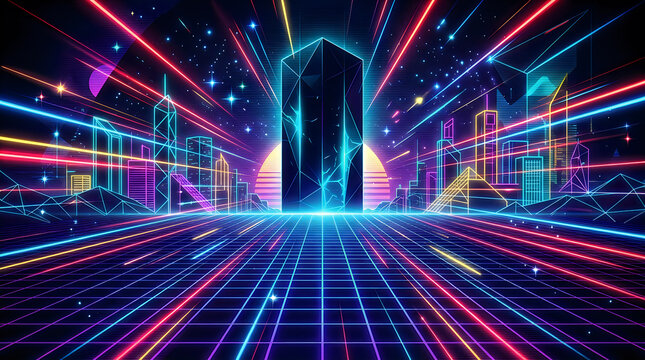 Abstract digital background featuring glowing neon light trails and a futuristic portal in a dark space