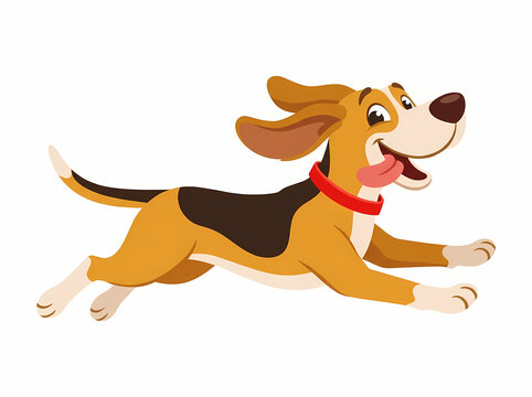 A cheerful cartoon beagle dog running happily with a red collar.