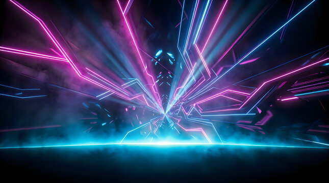 Abstract background featuring vibrant pink and blue laser light beams radiating from a central glowing point
