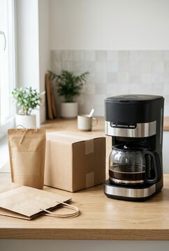 Modern Black Drip Coffee Maker with Paper Bags and Cardboard Box on Kitchen Countertop.