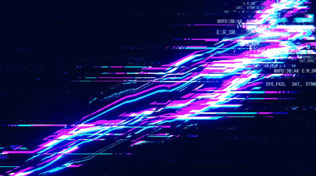 Abstract digital background with glowing neon light streaks and data glitch effects on a dark surface