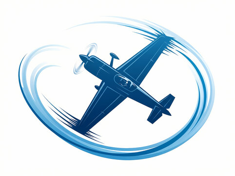 A stylized blue illustration of a propeller airplane performing an aerial maneuver.