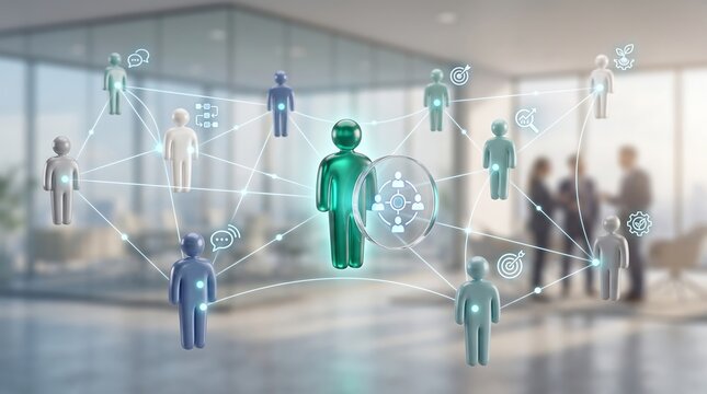 Business networking and human resource management concept with glossy avatars connected by interactive holographic lines in a corporate office