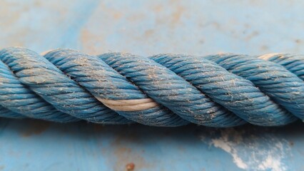 Macro close up of a thick twisted blue nylon rope texture on a weathered surface © Ridwan