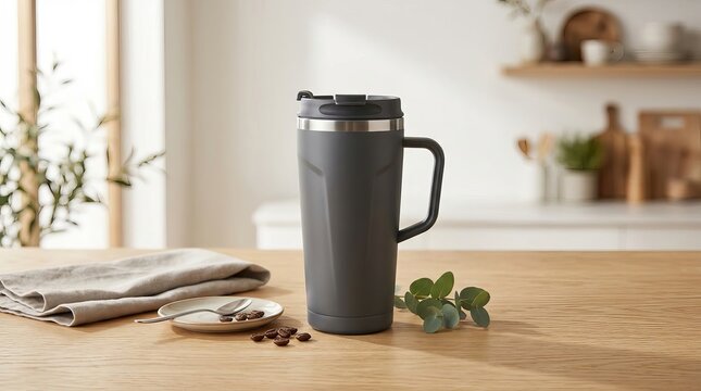 Modern Grey Insulated Travel Mug with Handle on Wooden Table.