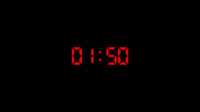 Digital two minute countdown timer animation on transparent background in sixty seconds