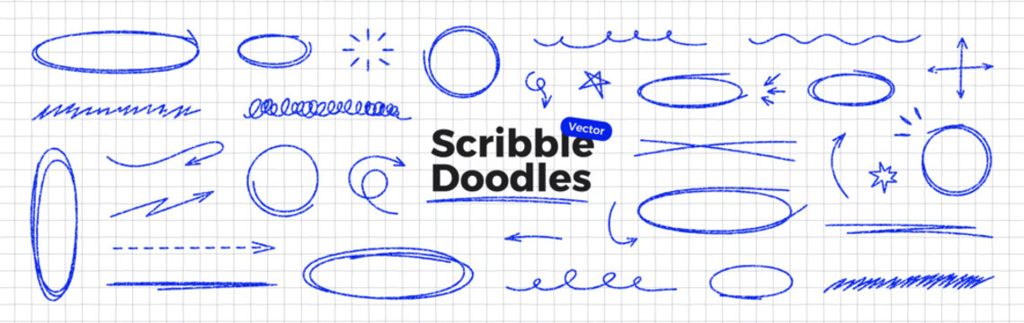 Scribble doodle set on notebook paper. Hand drawn blue pen texture. Curved, twisted and rounded lines and arrows. Highlight ovals and circle frames. Thin rough line. Vector illustration collection