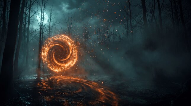 Glowing magic rune portal burning in a foggy bare forest at night