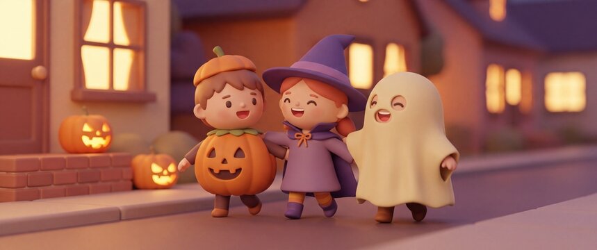 Three 3D chibi children in Halloween costumes trick or treating on a street