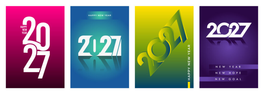 Set of four colorful creative posters featuring the year 2027 in various modern and abstract graphic styles