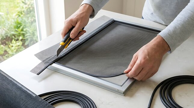 Close-up of Hands Installing New Insect Mesh Screen into a Window Frame Using a Utility Knife and Rubber Spline for Home Maintenance, Ventilation, and Pest Protection from Mosquitoes and Flies