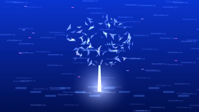 Digital glowing tree animation made of binary code and geometric data fragments moving across abstract blue technology video background