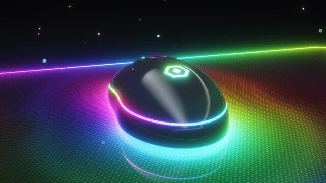 RGB Gaming Mouse Rotating on Neon Glowing Mousepad Seamless Loop Animation