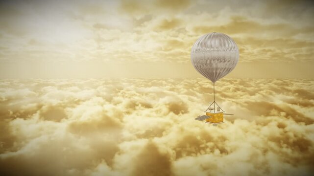 Balloon Probe Floating in Venus Cloud Layer Silver Balloon Drifting Between Yellow Clouds