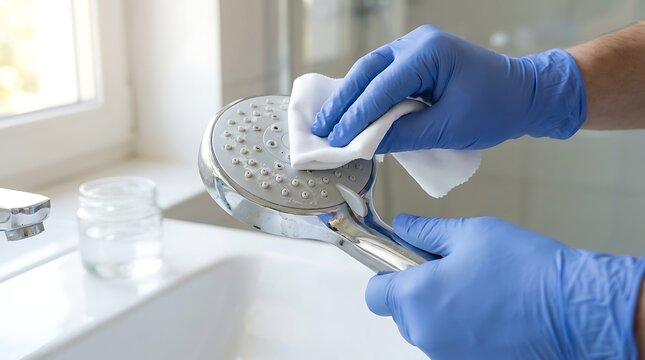 Close up of person wearing blue protective gloves cleaning a dirty chrome shower head with a white cloth to remove limescale and calcium buildup for better hygiene and water flow in a bathroom.