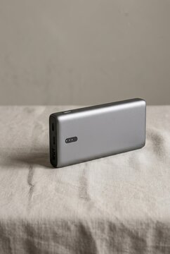 Modern Portable Power Bank Charger on Textured Fabric Surface.