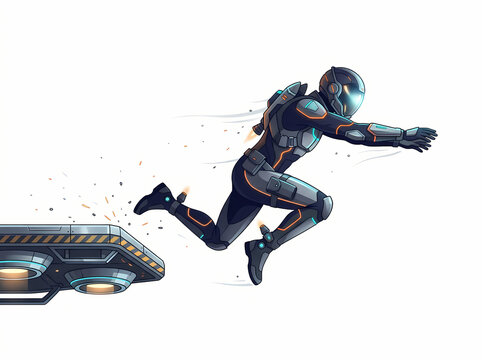 Futuristic armored soldier leaping from a high tech hover platform.