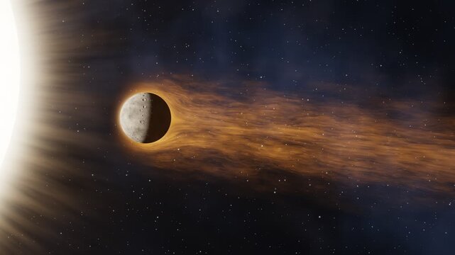 Planet Mercury with glowing sodium tail orbiting near the sun in deep space 3D animation