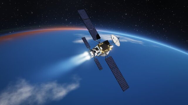 Space tug moving satellite to higher orbit with ion thruster glow in 4k seamless loop