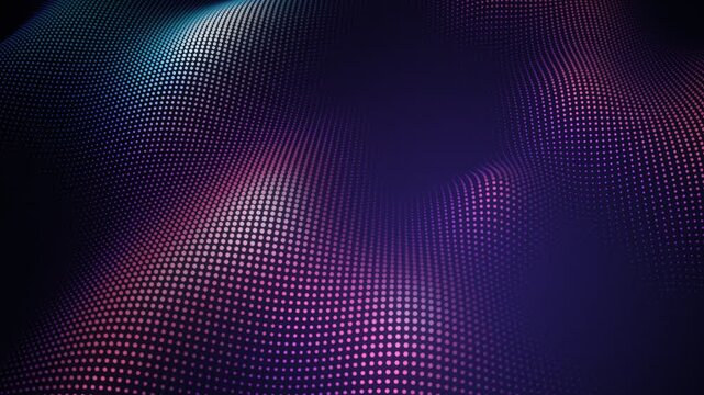 Undulating 3D dot grid wave surface with glowing blue and violet gradient particles loop