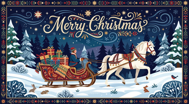 Beautiful christmas scene with a white horse pulling a giftladen sleigh through a snowy forest, framed by an intricate decorative border and festive typography