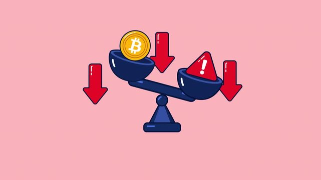 Cryptocurrency Market Downturn Animation with Bitcoin Coin and Warning Symbol on Transparent Alpha Channel